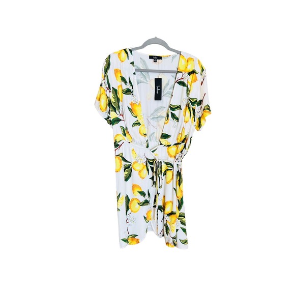 Lulus A La Tart White/ Yellow Lemon print Wrap Dress Sz XL 100% Rayon - Picture 6 of 14
